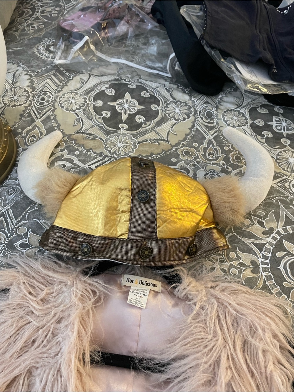 Gold Viking Horn Hat with Cream Horns and Vest Costume